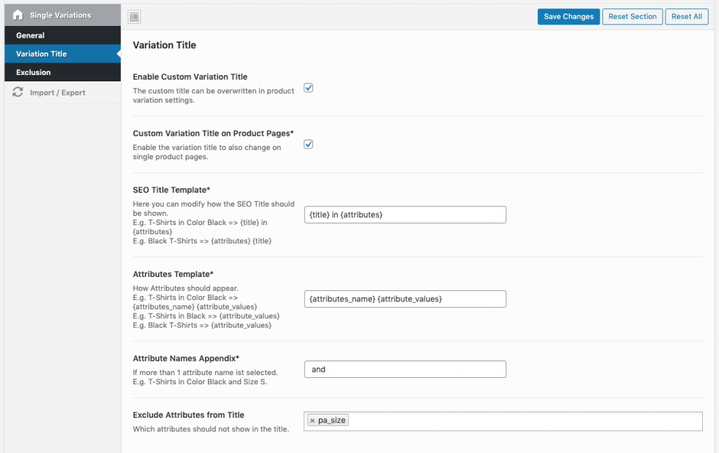 Titel einzelner Variationen ändern