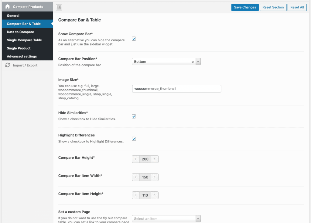 Balken- und Tabelleneinstellungen vergleichen