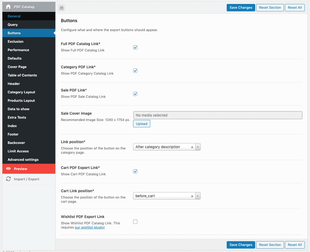 configure export buttons