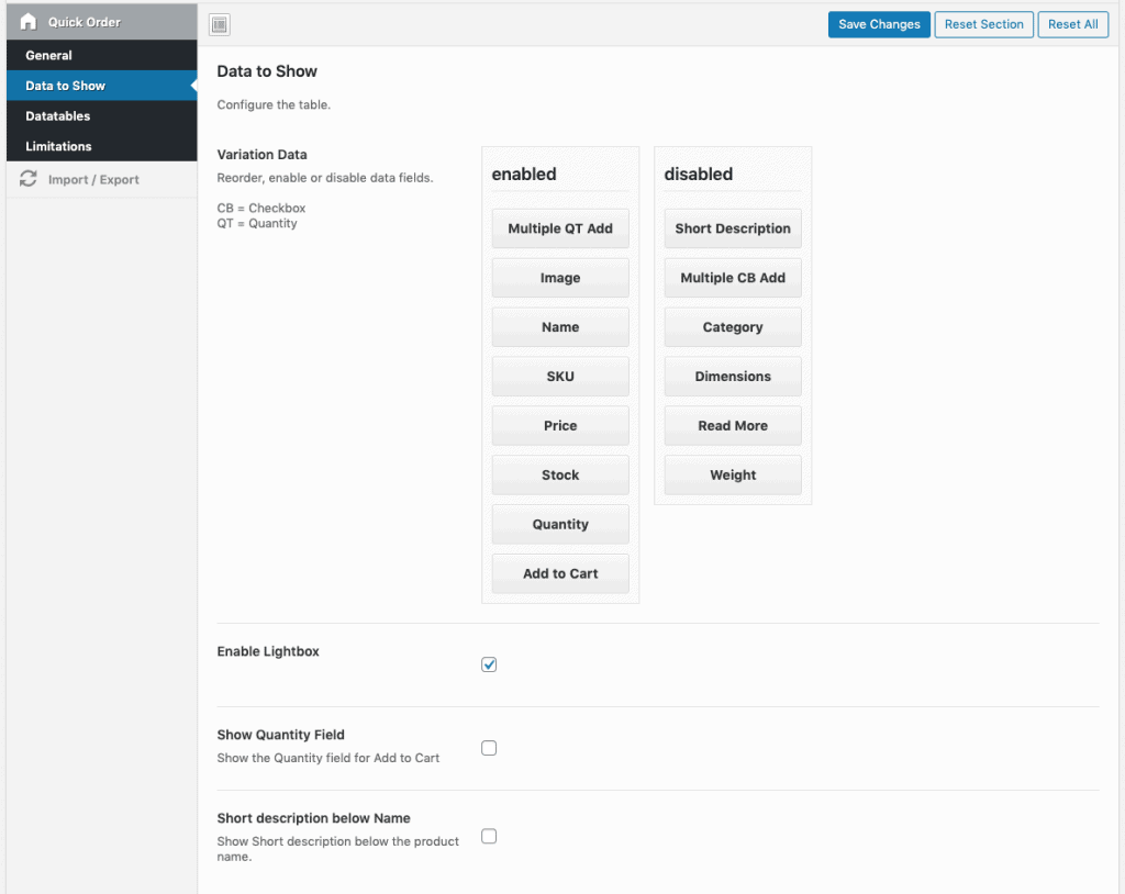 konfigurieren, welche Schnellbestellungsdaten angezeigt werden sollen