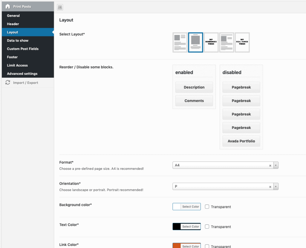 verschiedene Post-Export-Layouts