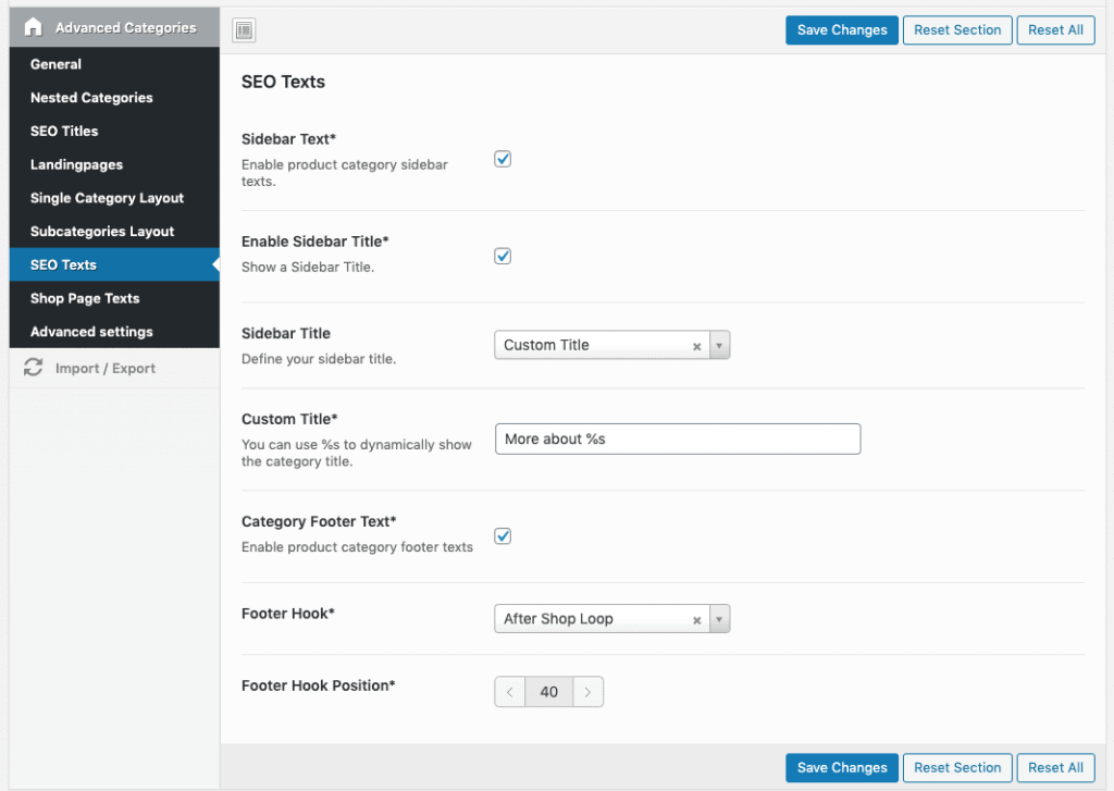 enable SEO sidebar or footer texts