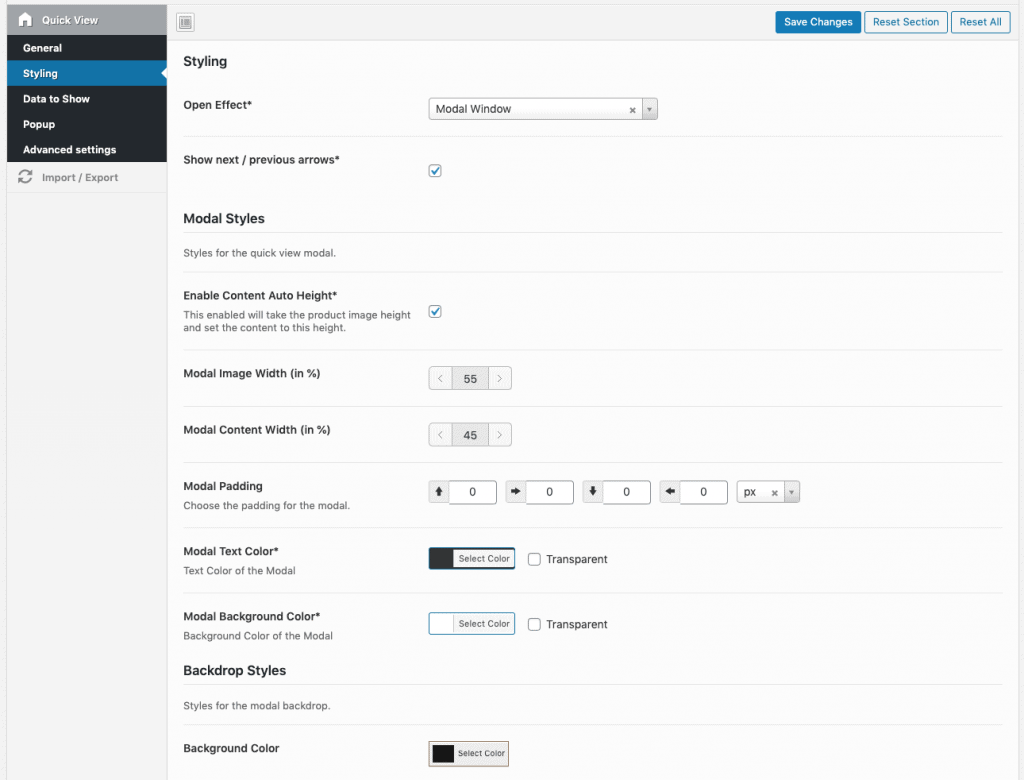 Styling-Optionen für die Schnellansicht