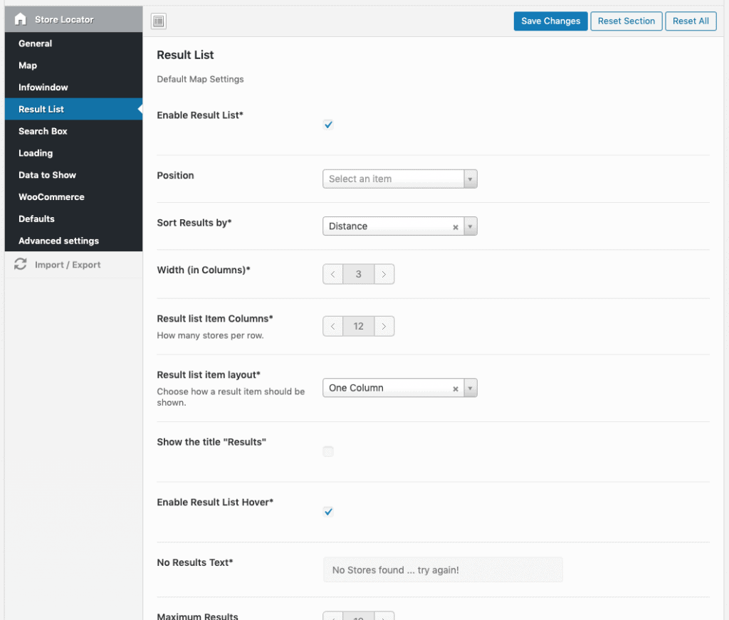 result list settings