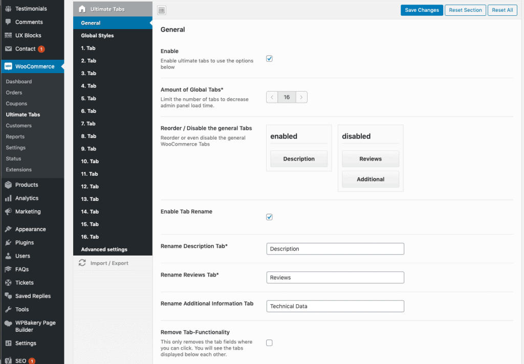 woocommerce ultimative benutzerdefinierte Registerkarten-Einstellungen