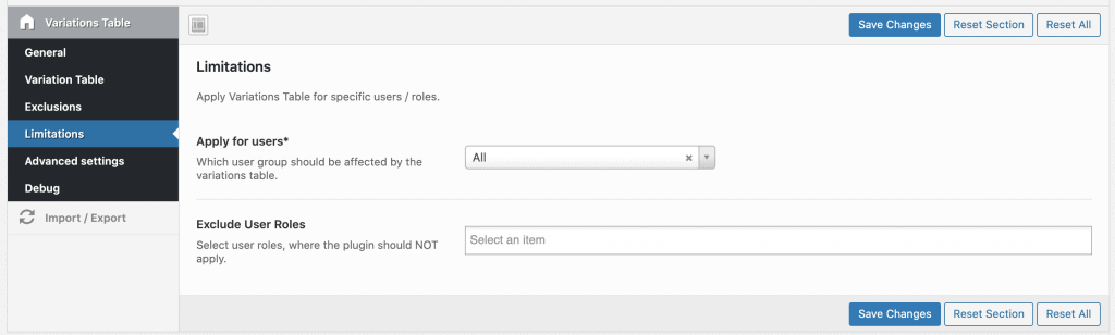 Zugriff auf Variationentabelle einschränken