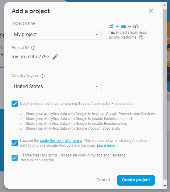 Details zum Firebase Projekt eingeben