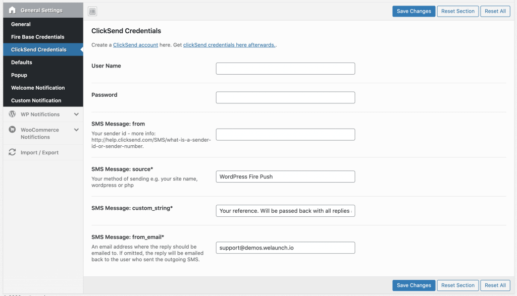 Clicksend-Anmeldeinformationen festlegen