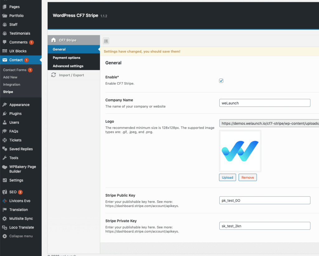 cf7 stripe general settings
