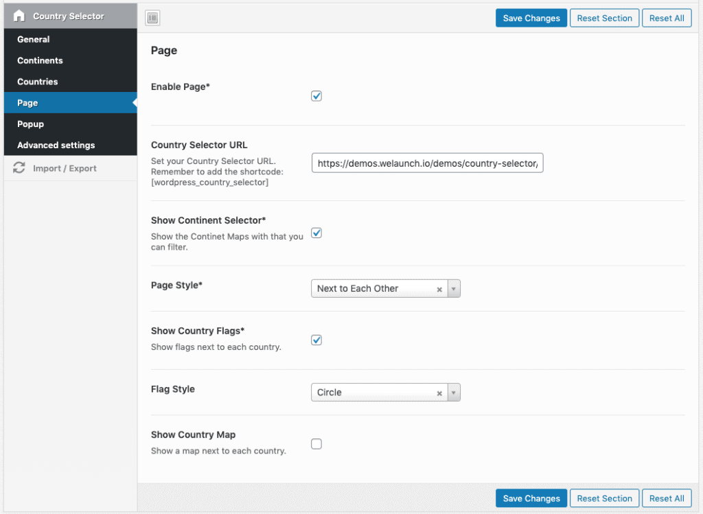 country selector page options