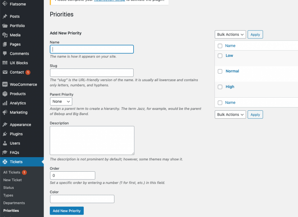 create ticket priorities