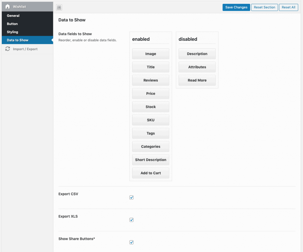 datos a mostrar en las listas de deseos de WooCommerce