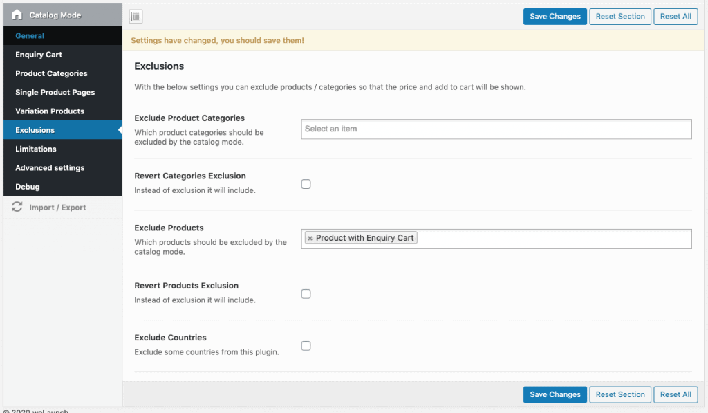 exclude product categories or products from catalog mode