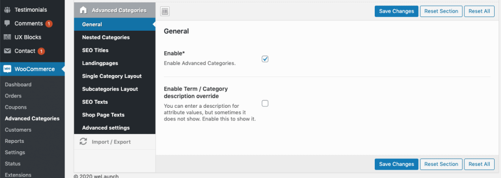 general WooCommerce advanced catategories options