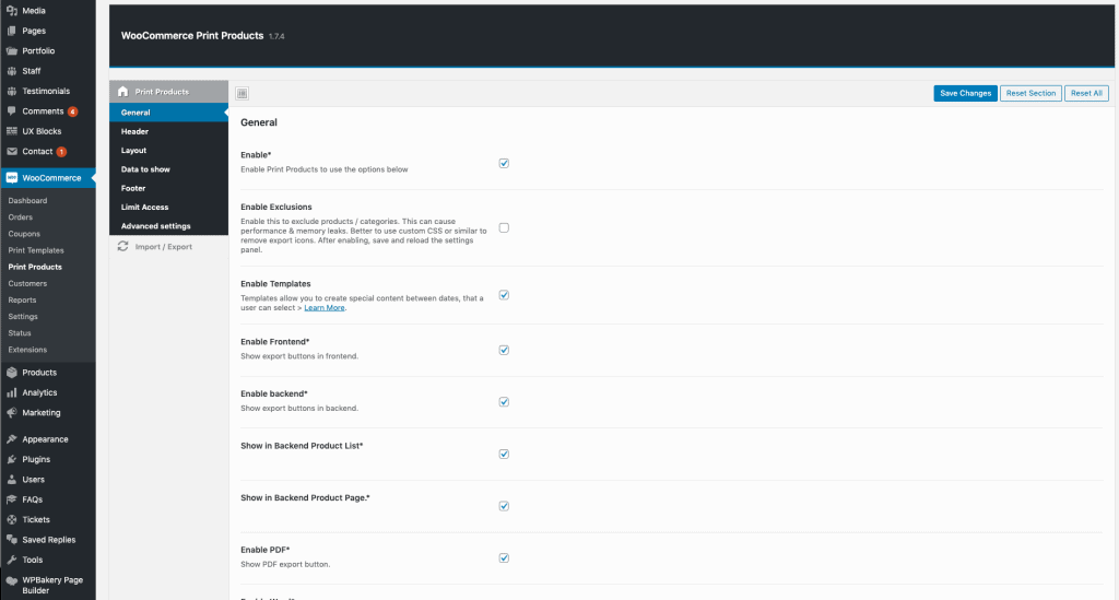 general print products settings