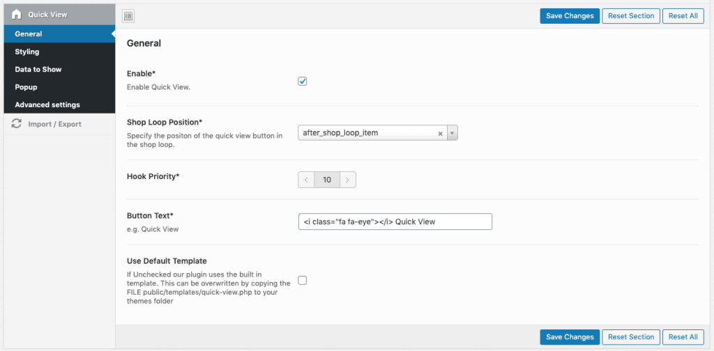 general quick view settings