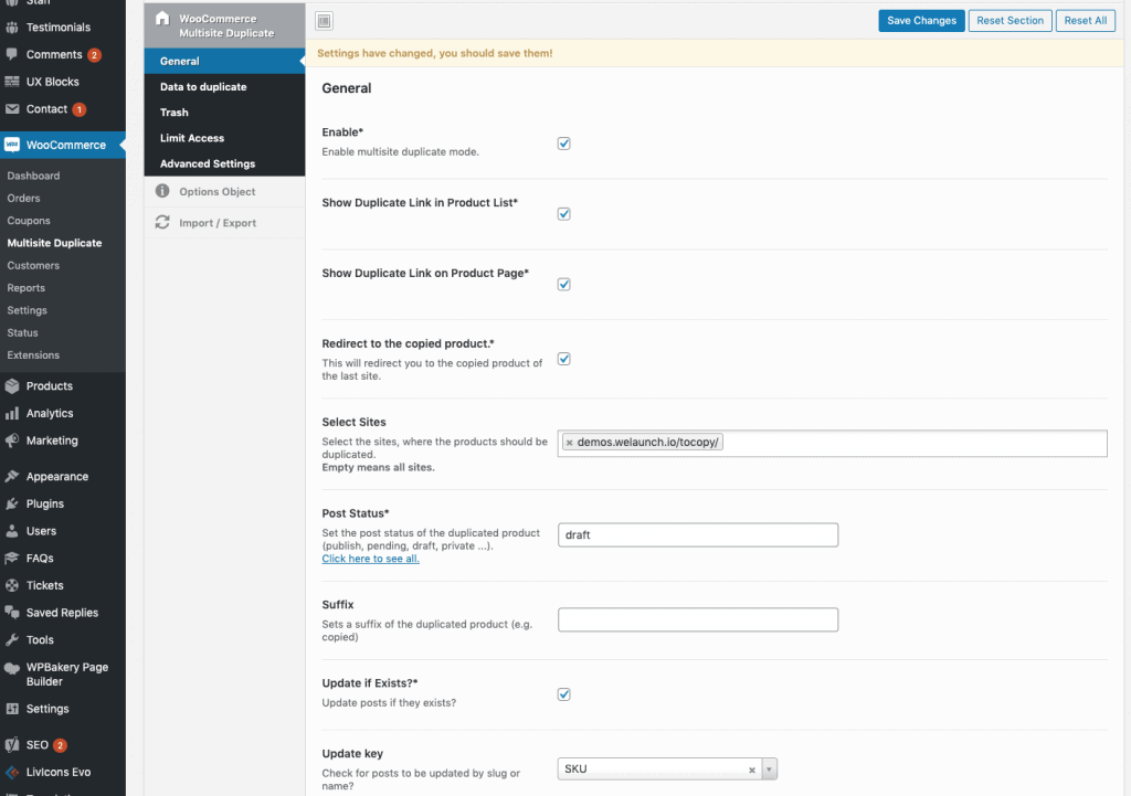 general woocommerce duplicate products settings