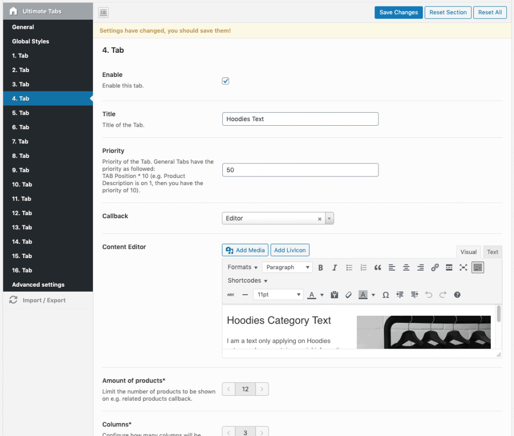 global and category product tabs