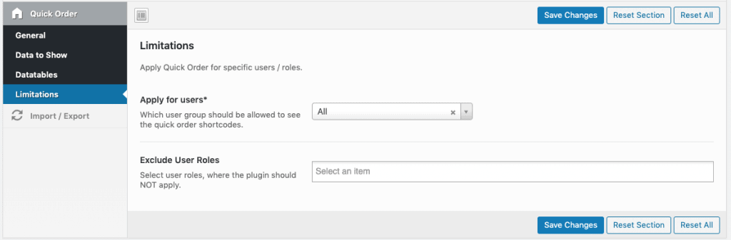 hide quick order for specific user roles