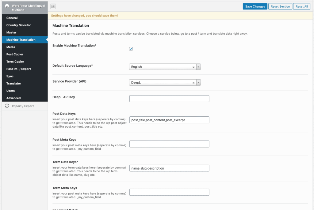 machine translation settings