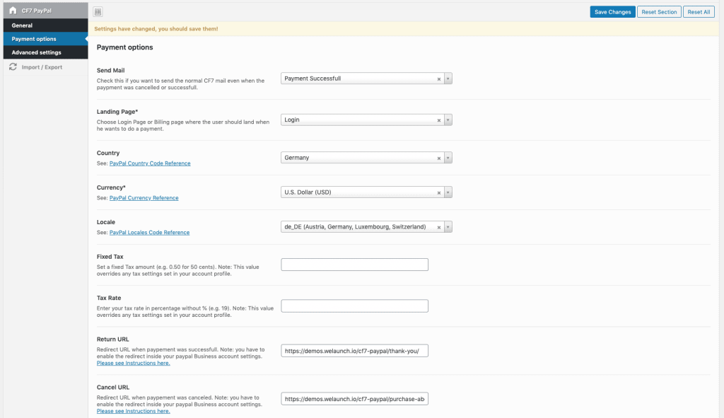 paypal pour les options de paiement du cf7