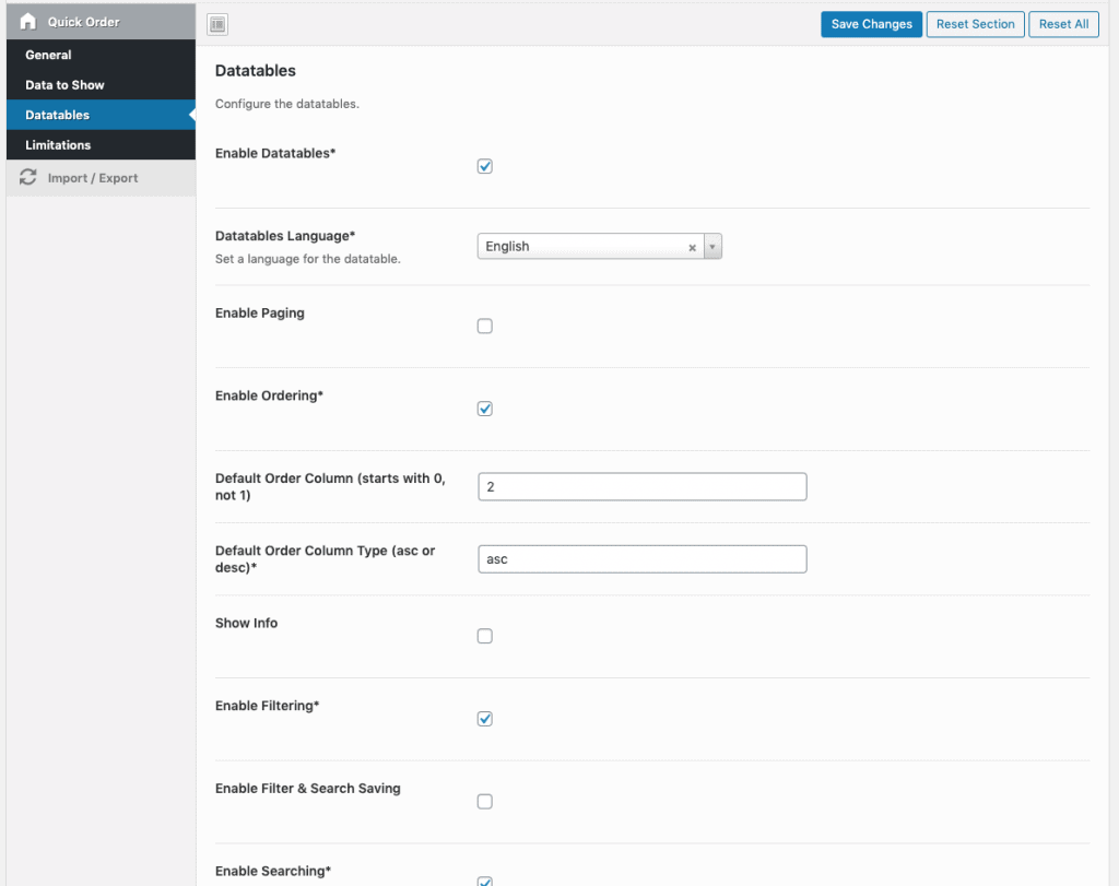quick order datatables options
