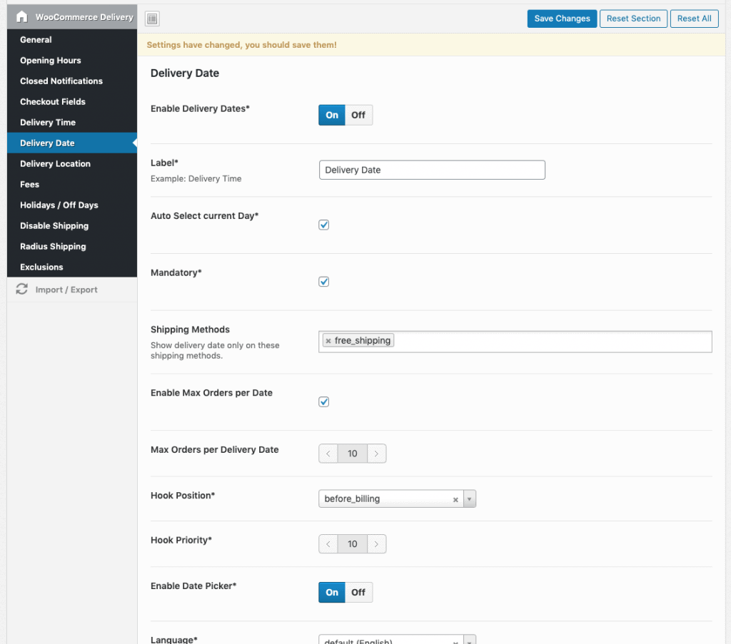 specify delivery dates and configure datepicker