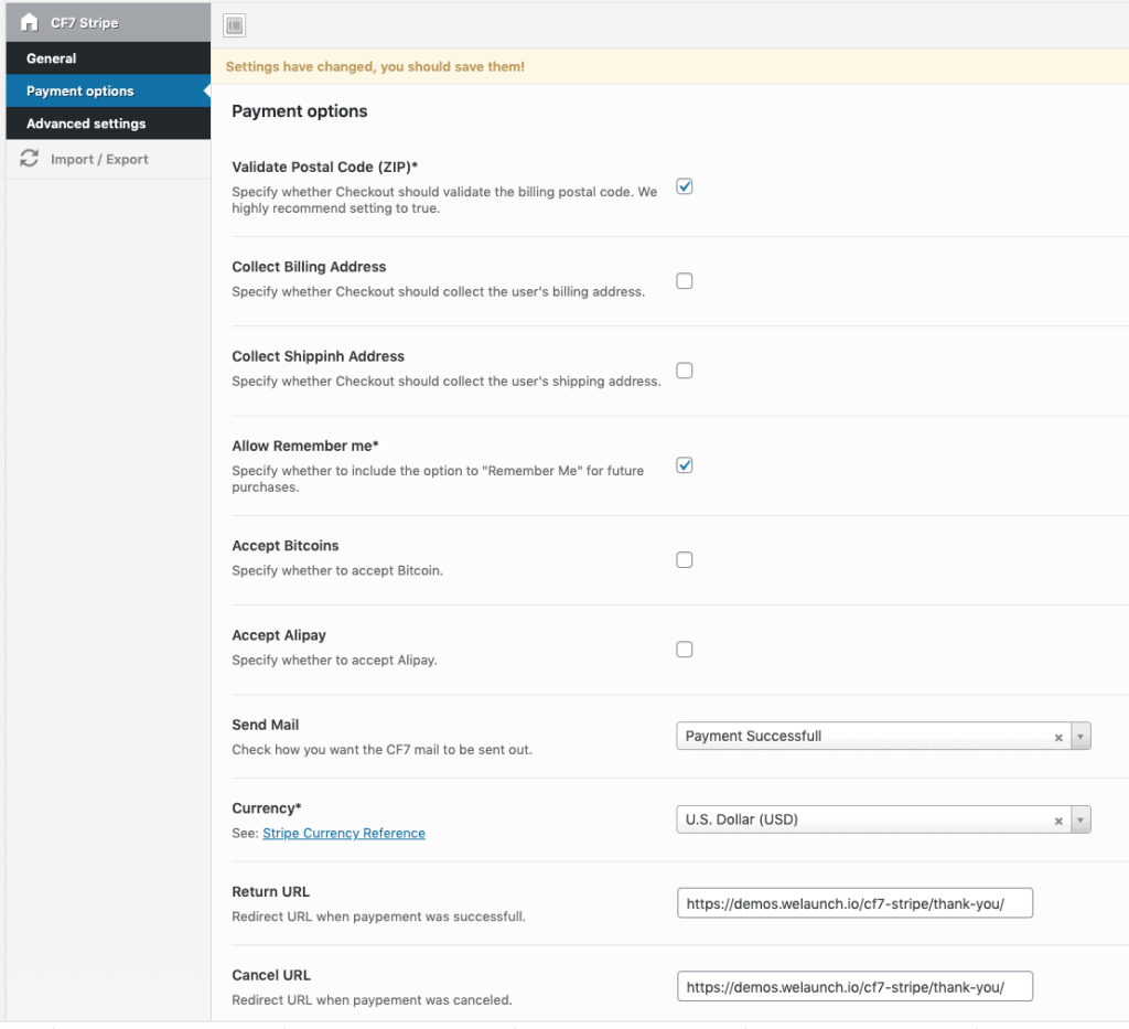 stripe payment options