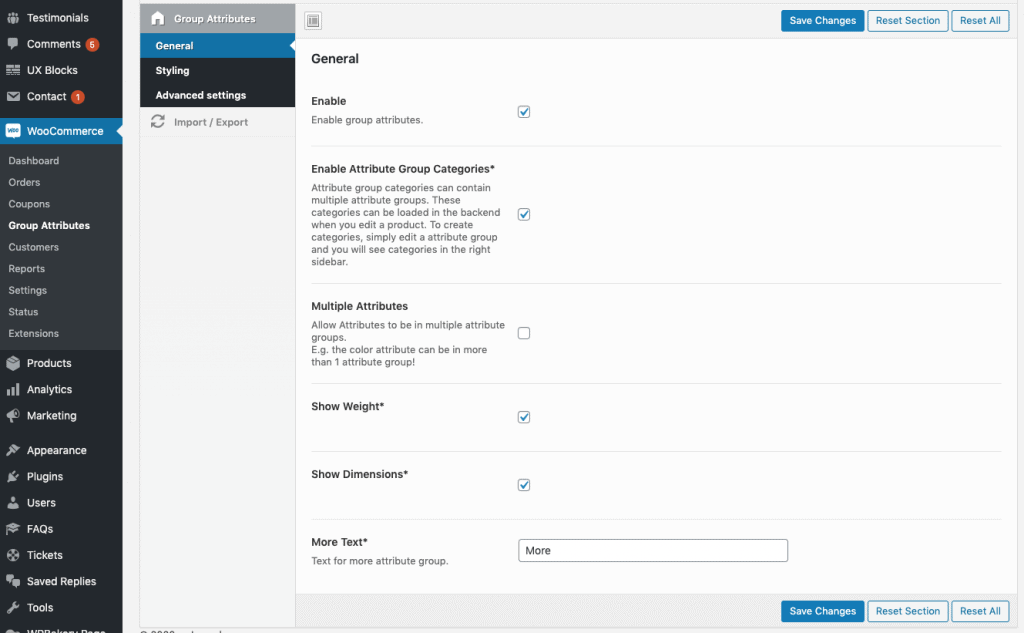 woocommerce group attributes general settings