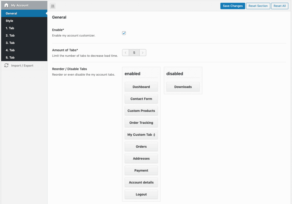 WooCommerce my account tab settings