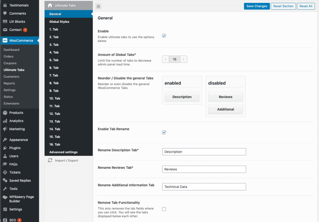 woocommerce ultimate custom tabs settings