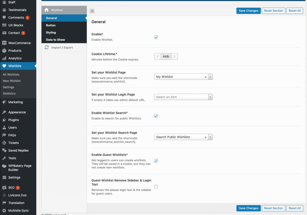 WooCommerce wishlist general settings