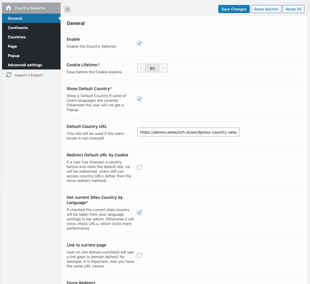 wordpress country selector general settings