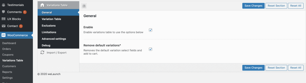 enable woocommerce variations table plugin