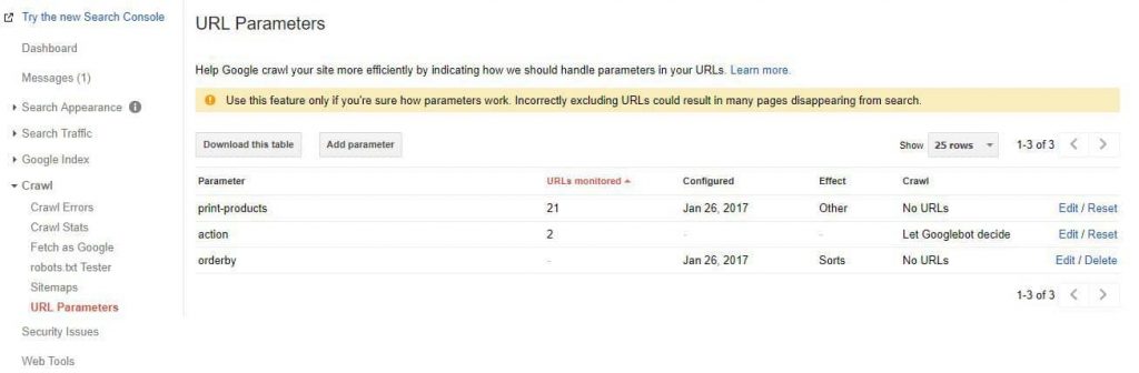 URL Paramters in Google Search Console