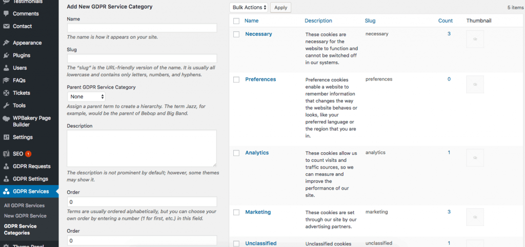 GDPR Service categories in backend
