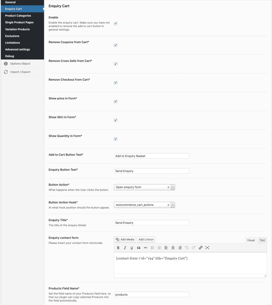 woocommerce enquiry cart settings
