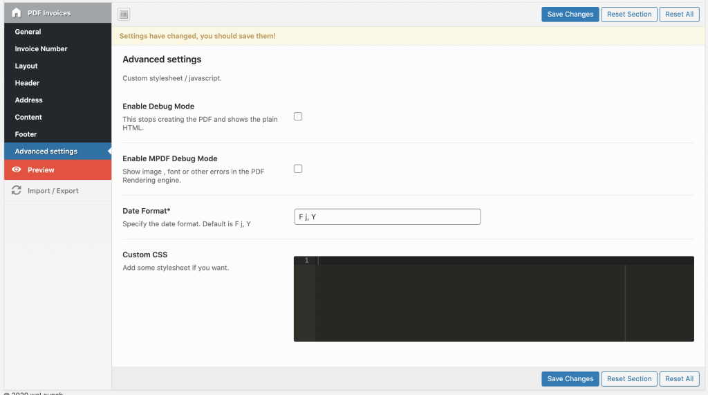 advanced invoice settings