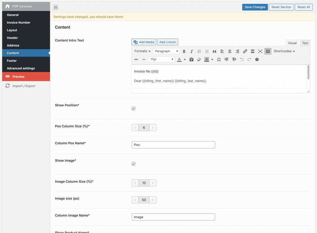 content and data to show in the pdf invoice