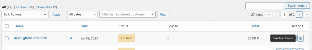 download invoice from WooCommerce orders overview