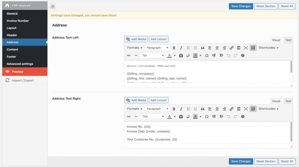 invoice address options