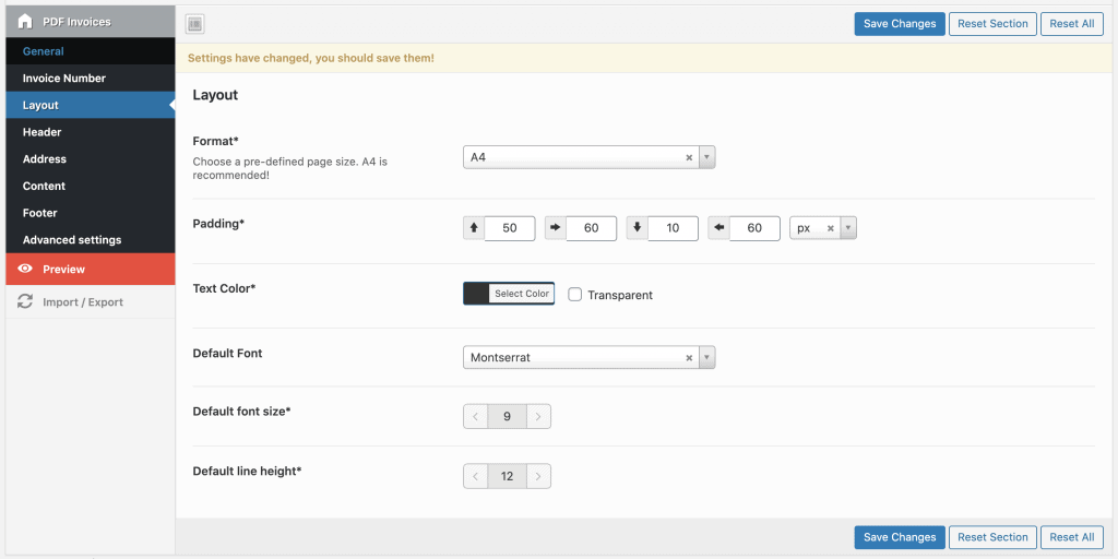 pdf layout settings
