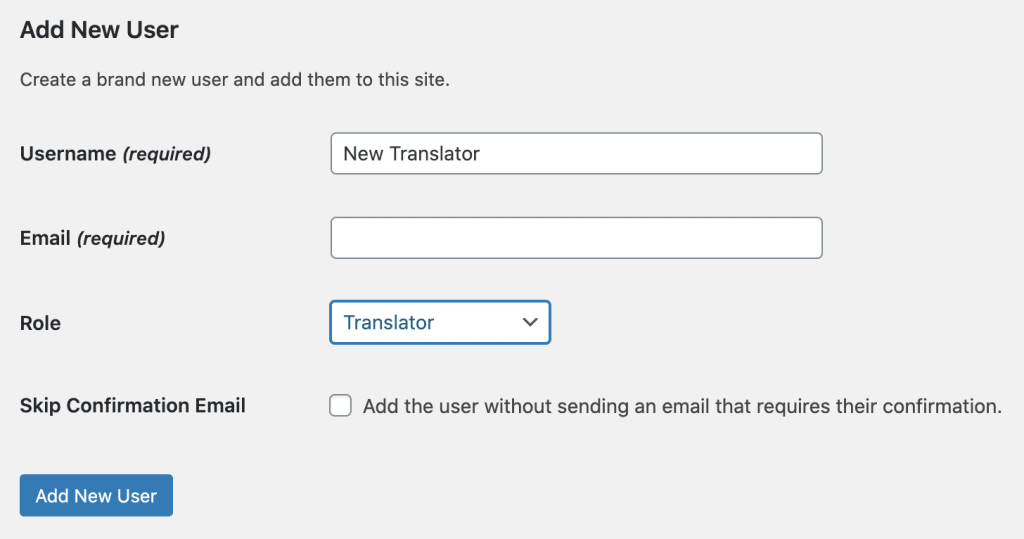 add a new translator user in wordpress