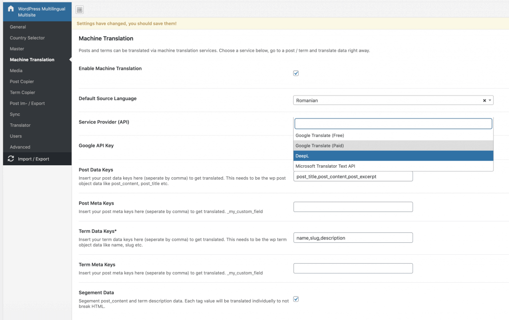 machine translation settings