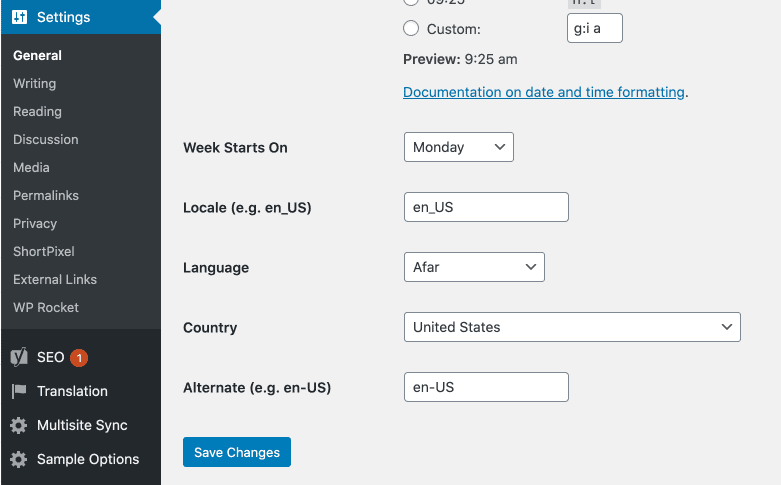 wordpress country and language settings