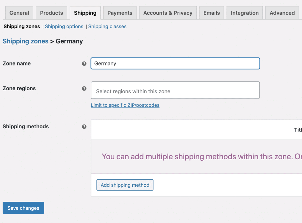 create a shipping zone in WooCommerce