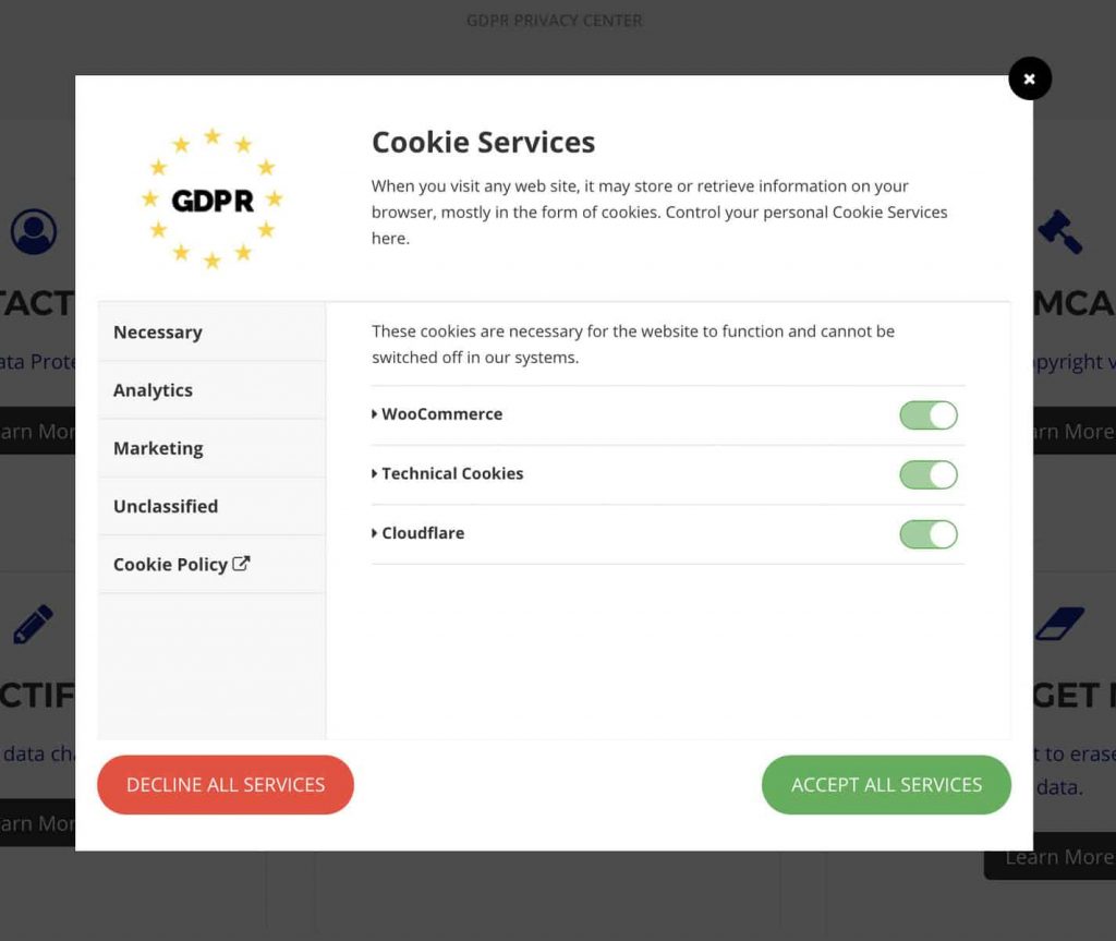 Configuración de los servicios de cookies del RGPD