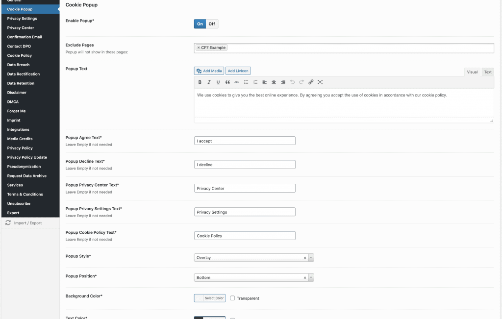 configure gdpr cookie popup