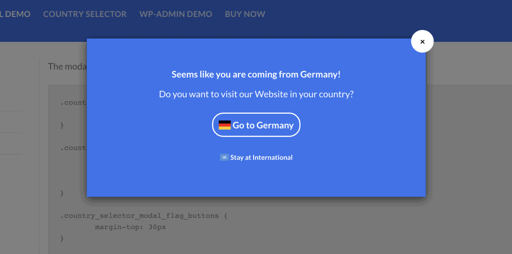 country selector popup