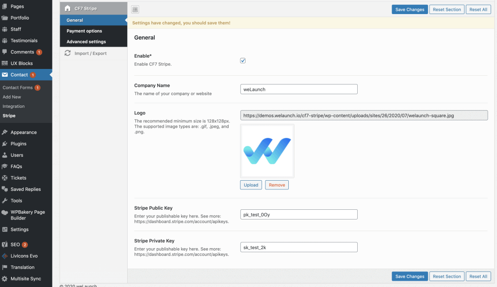enable cf7 stripe plugin